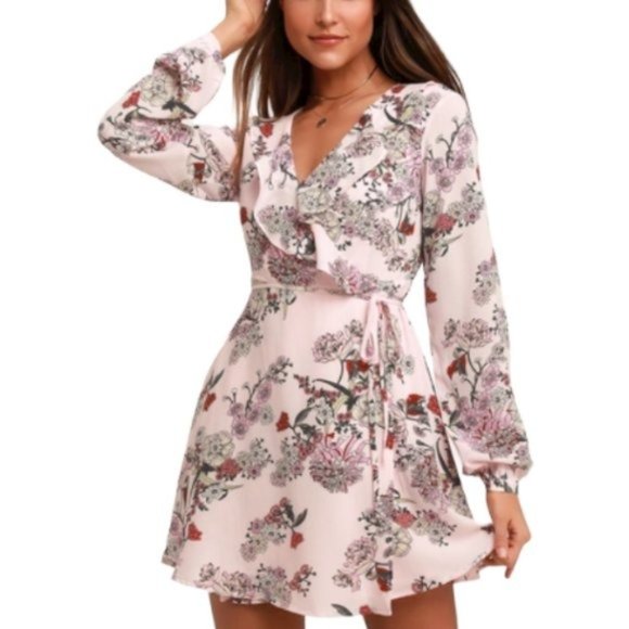 Lulus Dresses & Skirts - Lulu's What a Time Pink Floral Print Long Sleeve Wrap Dress